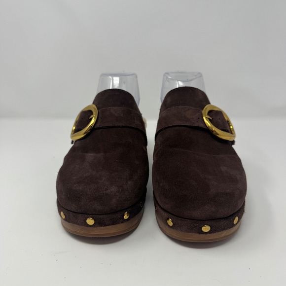 Vince Camuto Canzenee Suede Clogs Mules Women Size 9 Chocolate Brown Buckle - Picture 2 of 10